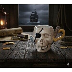 Large Pirate Skull Mug Cup Stein Eye Patch Sword Handle Sea Isle City